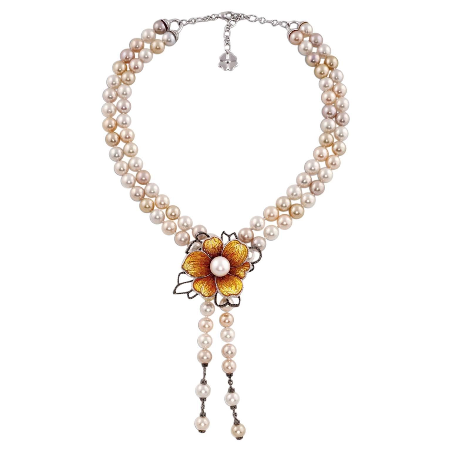 Stylish Necklace White Gold White & Black Diamonds Pearls Decorated Nanomosaic