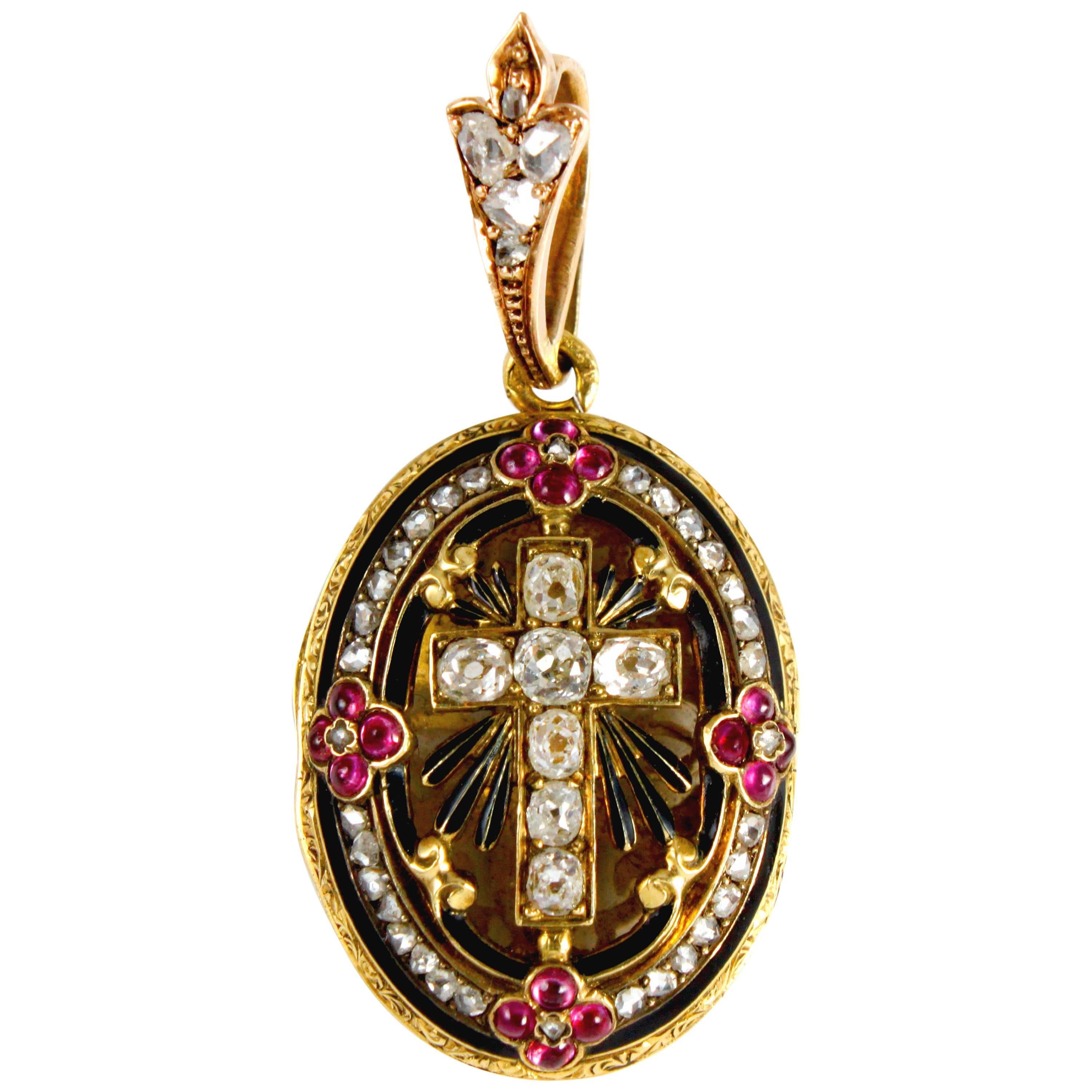18K Yellow Gold Diamond and Ruby Cross Pendant Locket, circa 1860s