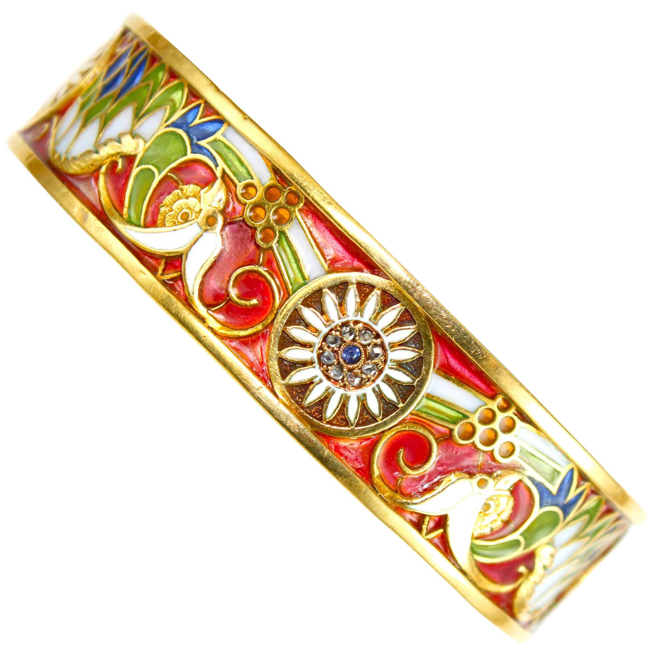 Masriera y Carreras Art Nouveau Plique a Jour Enamel 18K Gold Bangle Bracelet