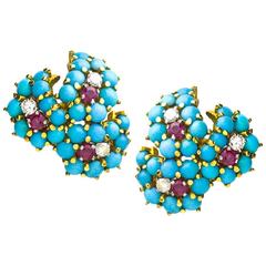 Turquoise, Ruby and Diamond Cluster Earclips