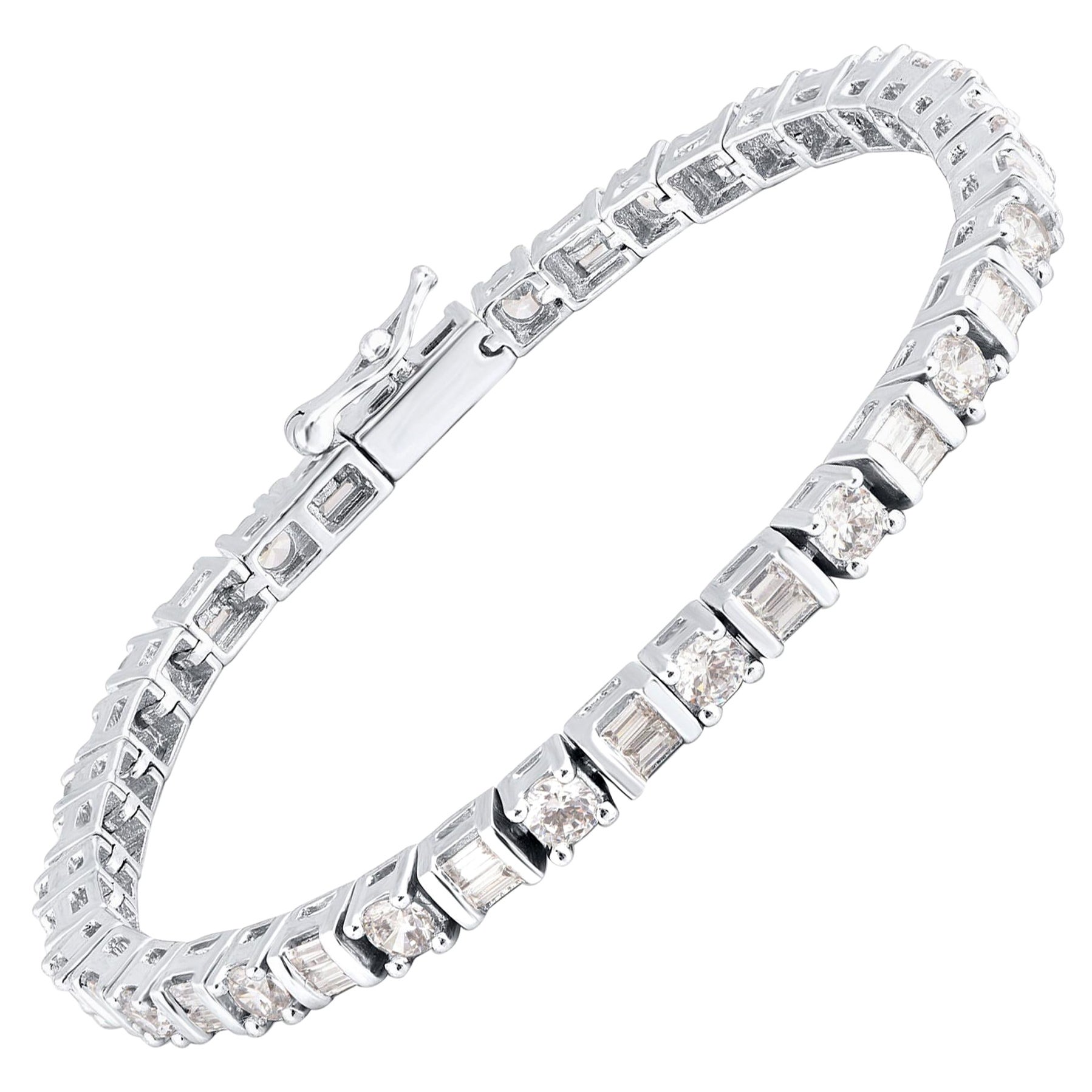 TJD 5.0 Carat Round & Baguette Alternate Diamond 14K White Gold Tennis Bracelet