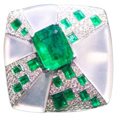 18K White Gold 1.8CT Emerald & Crystal ‘Geometer' Cocktail Ring with Diamonds