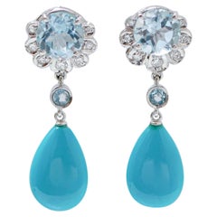 Turquoise, Aquamarine Colour Topazs, Diamonds, Platinum Earrings.