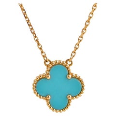Van Cleef & Arpels Vintage Alhambra Turquoise Yellow Gold Pendant Necklace