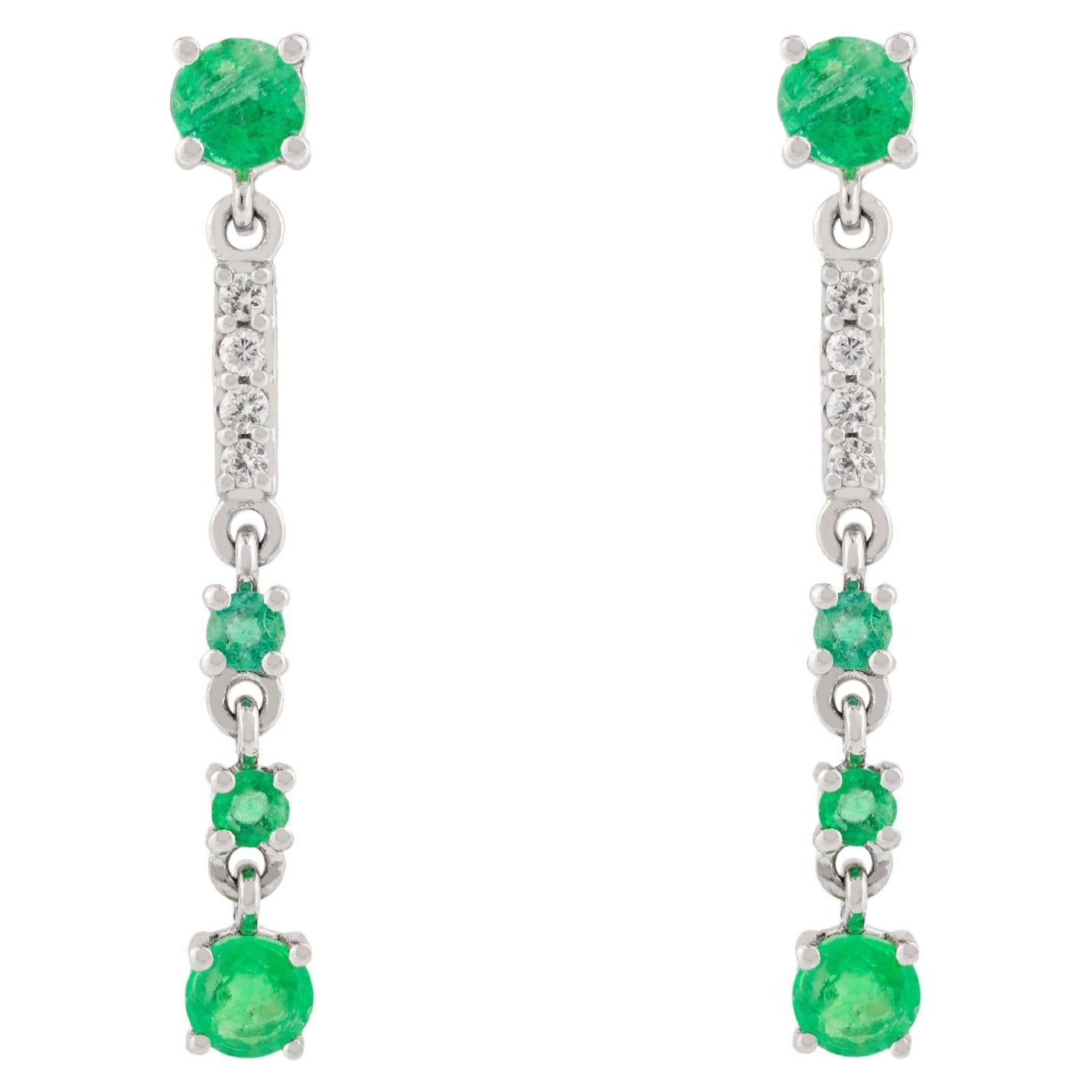 14k Solid White Gold Genuine Emerald Natural Diamonds Long Dangle Earrings For Sale