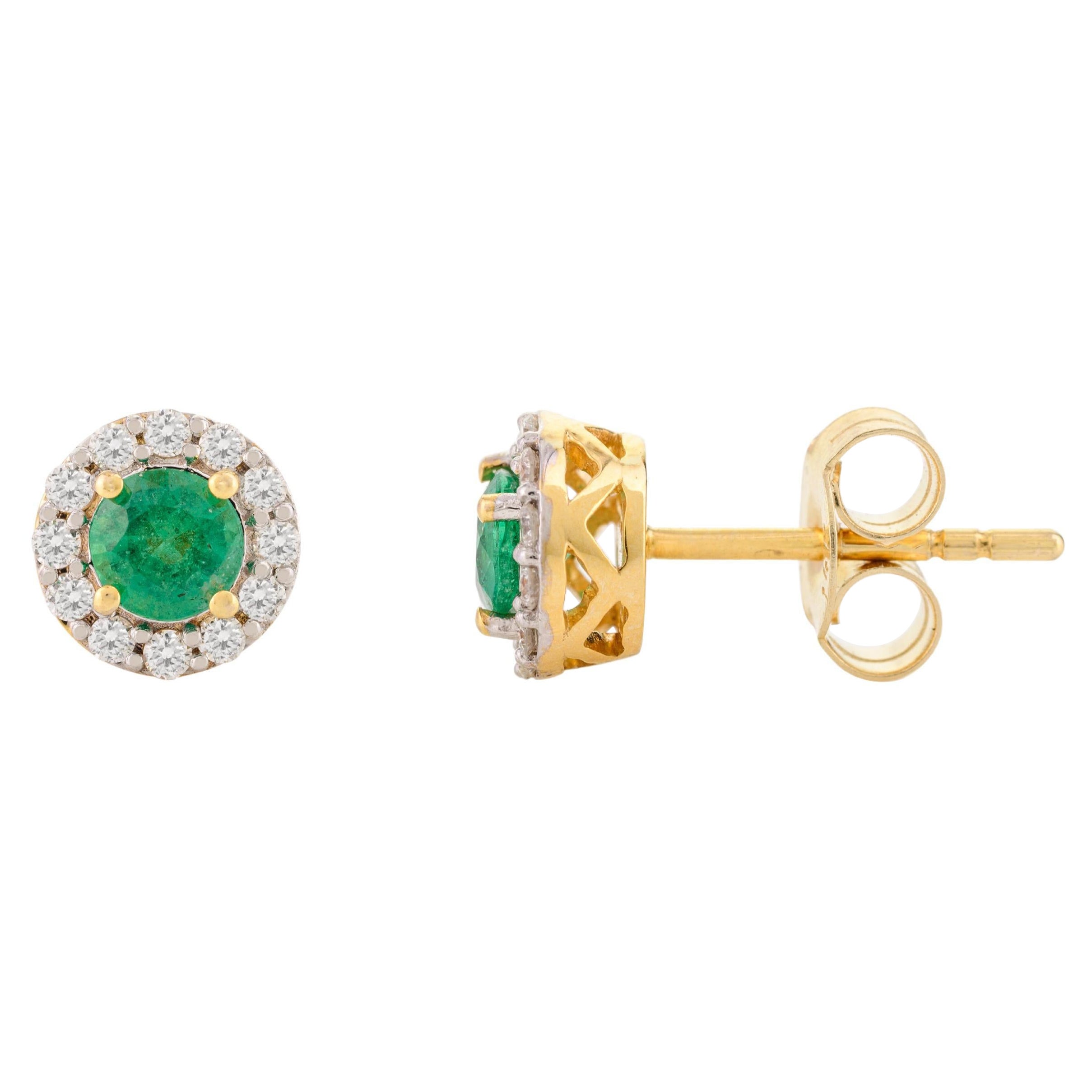 14k Solid Yellow Gold Dainty Round Emerald Diamond Halo Everyday Stud Earrings
