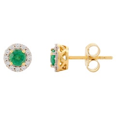 14k Solid Yellow Gold Dainty Round Emerald Diamond Halo Everyday Stud Earrings