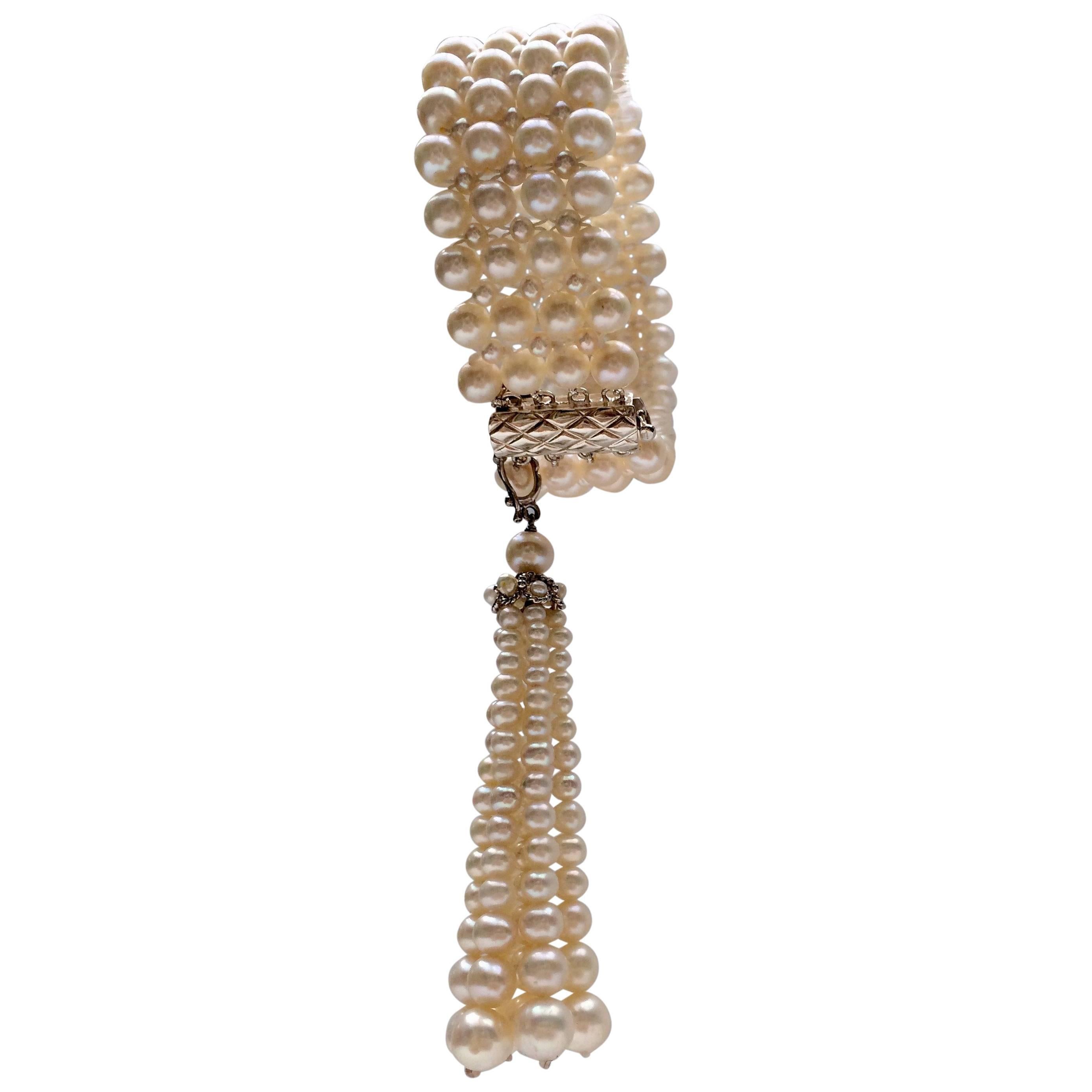  Woven Pearl Art Deco Bracelet with Removable Matching Pearl Tassel by Marina J