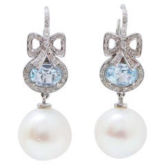 Boucles d'oreilles en or blanc 14 carats, topaze, perles, diamants et aigue-marine de couleur
