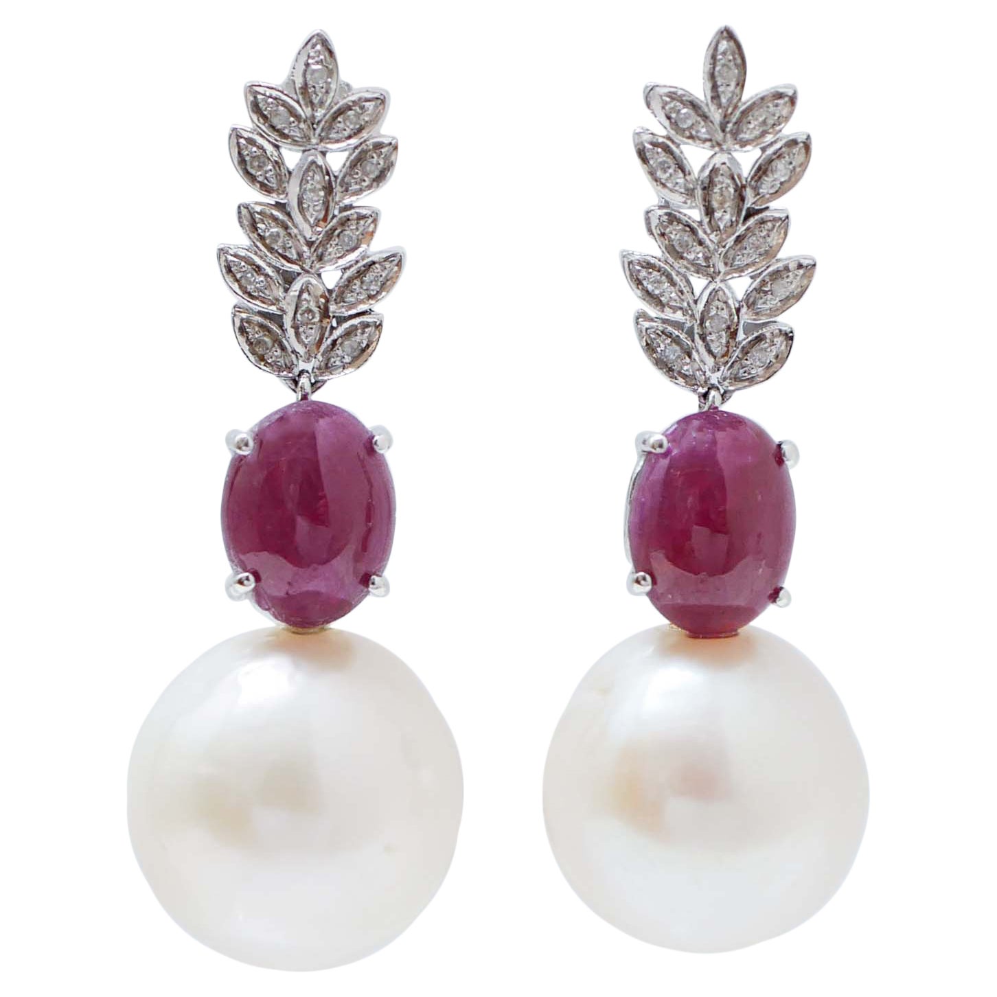Pearls, Rubies, Diamonds, 14 Karat White Gold Earrings.