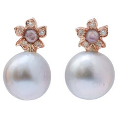 12 Mm Grey Pearls, Sapphires, Diamonds, Rose Gold Earrings.