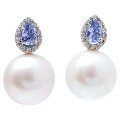 14 Mm Pearls, Tanzanite, Diamonds, 14 Karat White Gold Earrings.