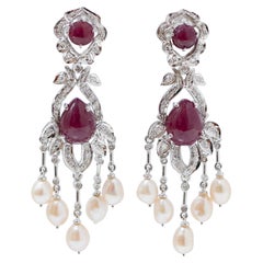 Pearls, Rubies, Diamonds, Platinum Earrings.