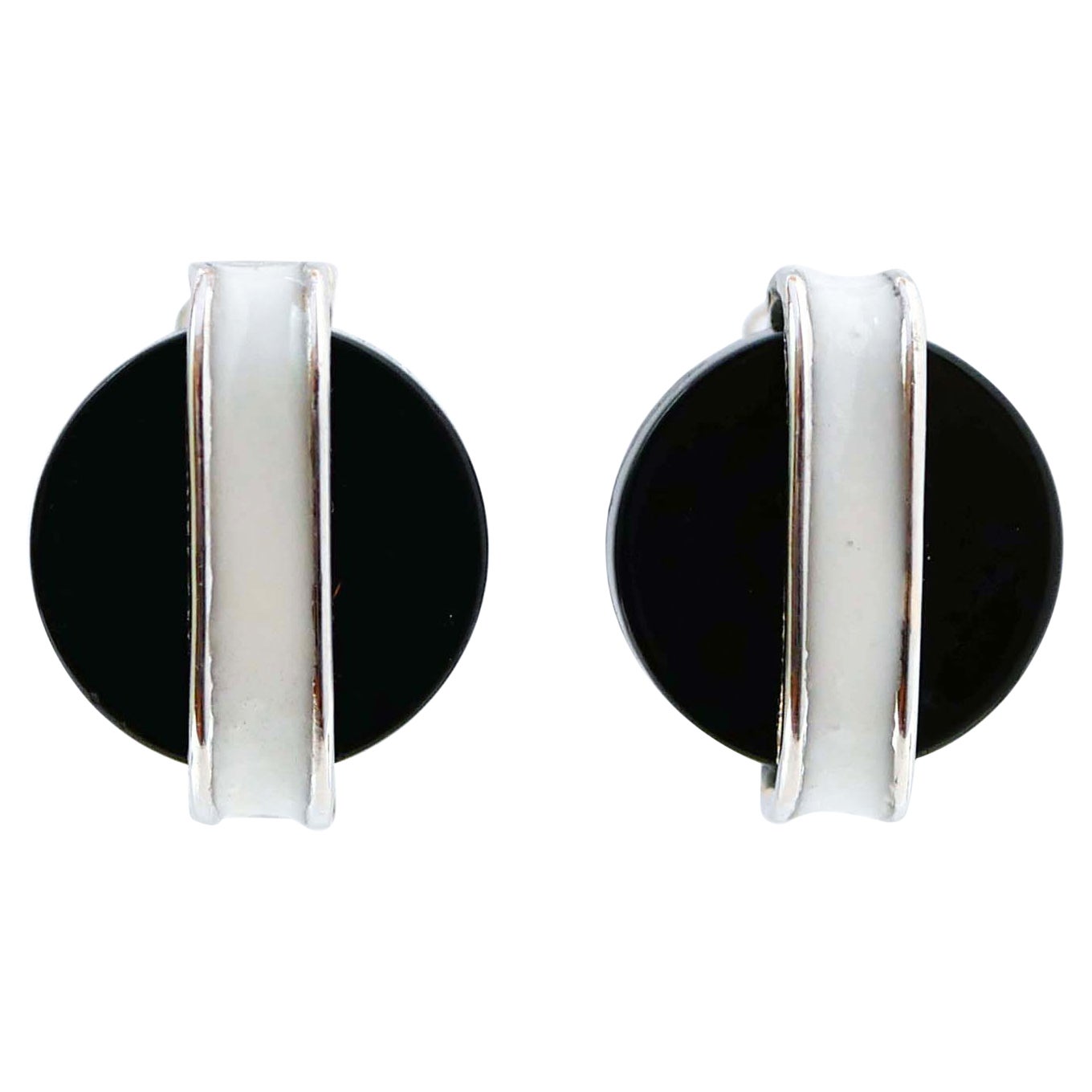 Enamel, Black Agate, Platinum Earrings. For Sale