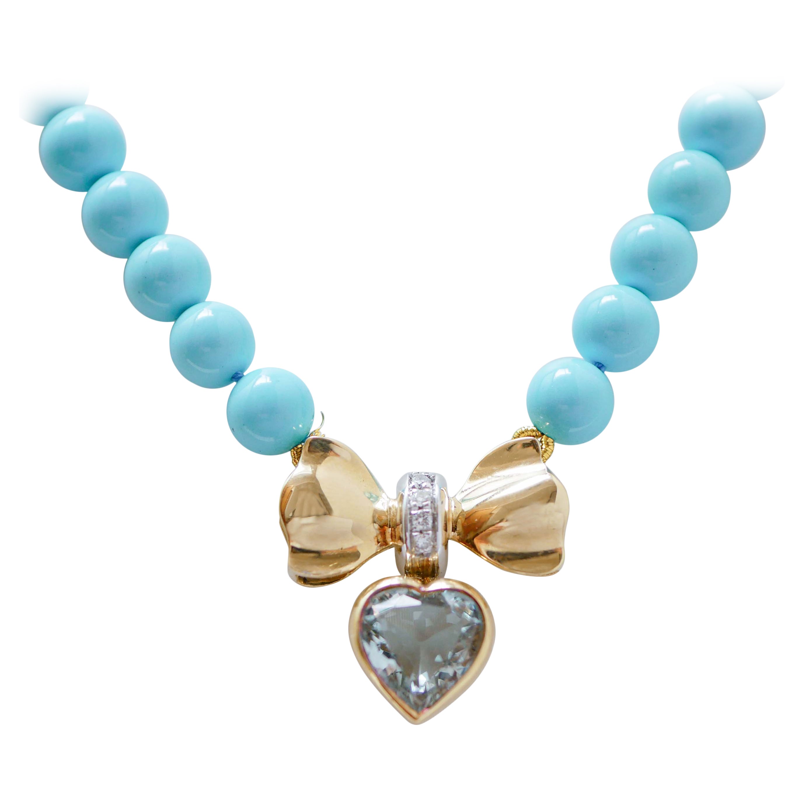 Turquoise, Topaz, Diamonds, 18 Karat Yellow Gold Necklace.