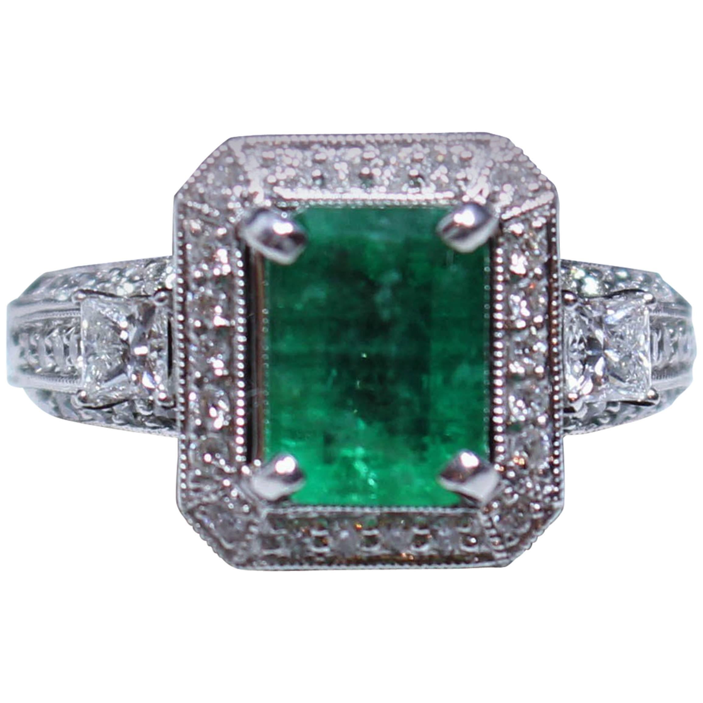 1.92 Carat Emerald Diamond Pave Gold Ring For Sale