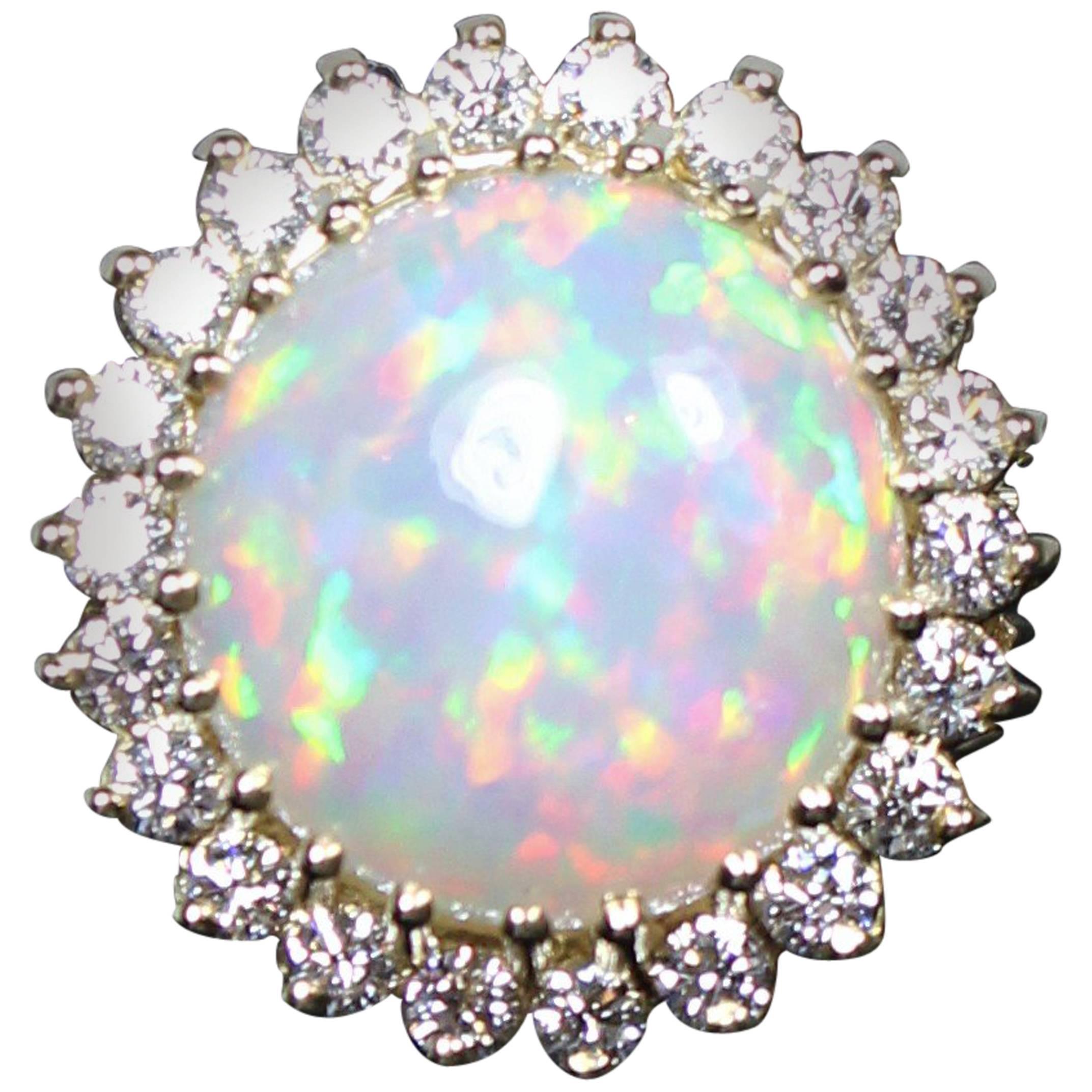 8.11 Carat Opal Round Cut Diamond Gold Ring