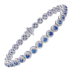 Blauer Saphir & Halo Diamant Tennis Armband Rundschliff 18K Weißgold