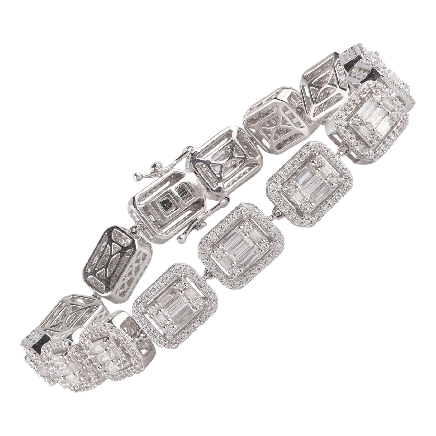 Bracelet mosaïque en or blanc 18 carats avec diamants taille ronde et baguette TJD 4,0 carats