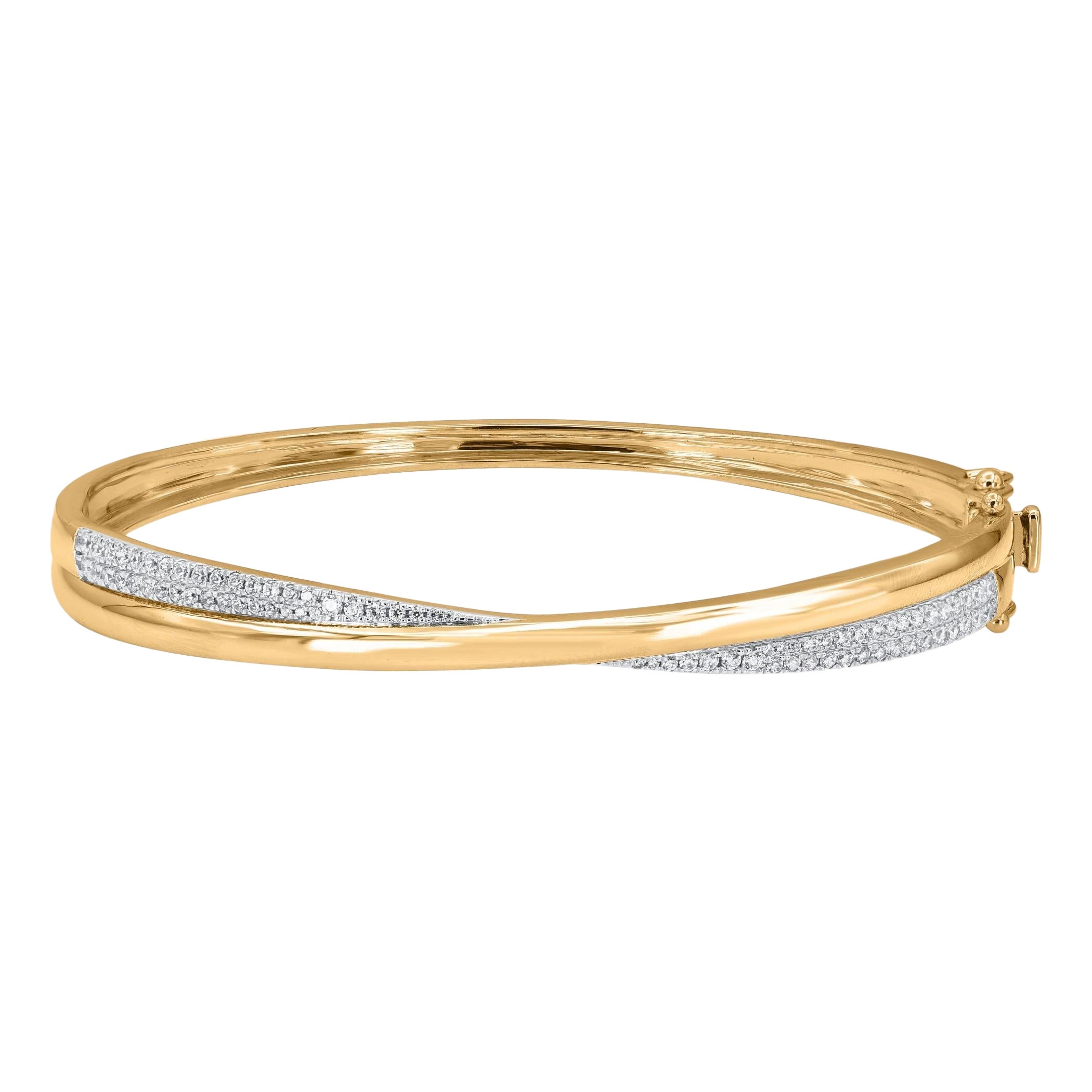 TJD 1/2 Carat Round Cut Diamond Criss Cross Bangle Bracelet in 18KT Yellow Gold