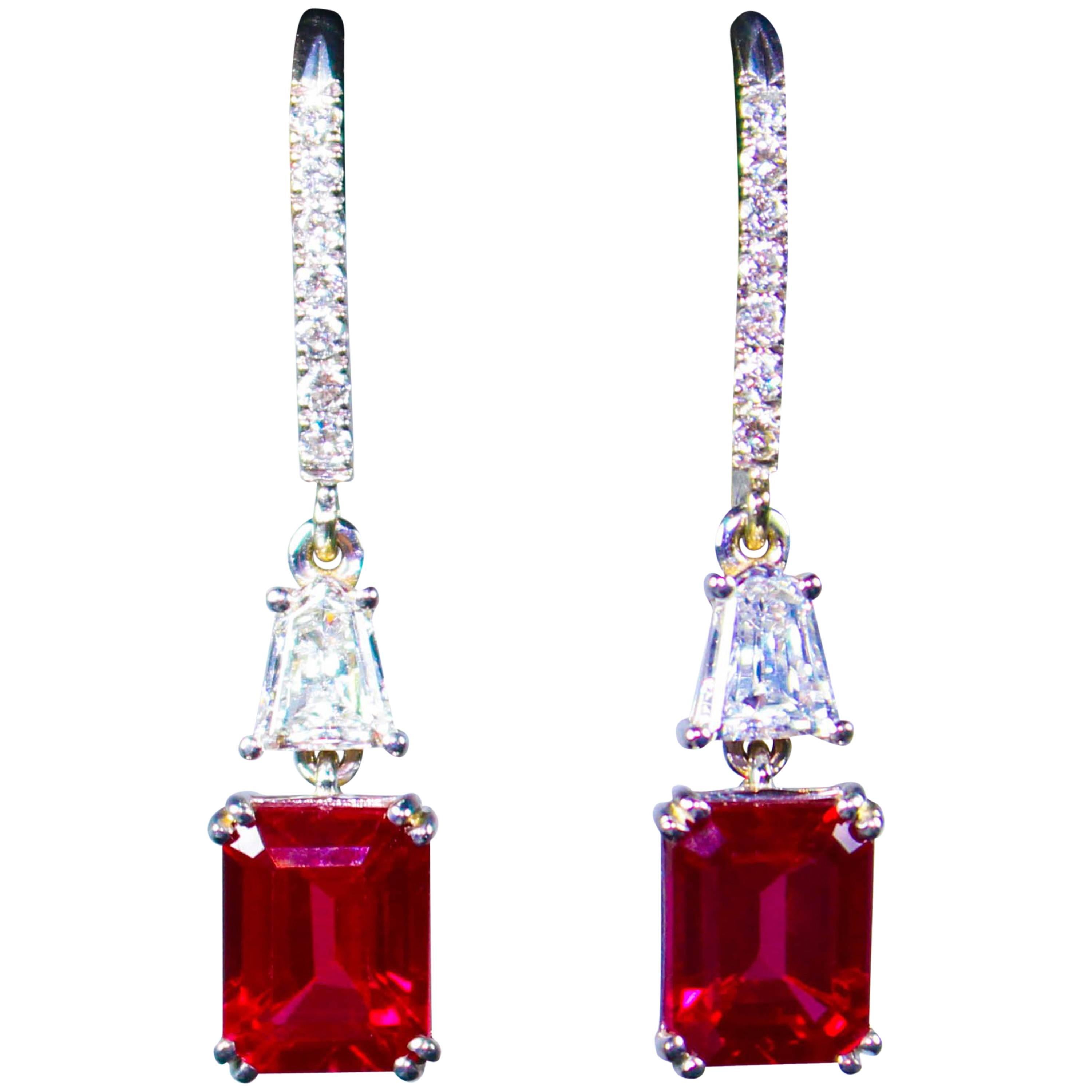 Stunning Ruby Trillion Diamond Pave Drop Gold Earrings For Sale