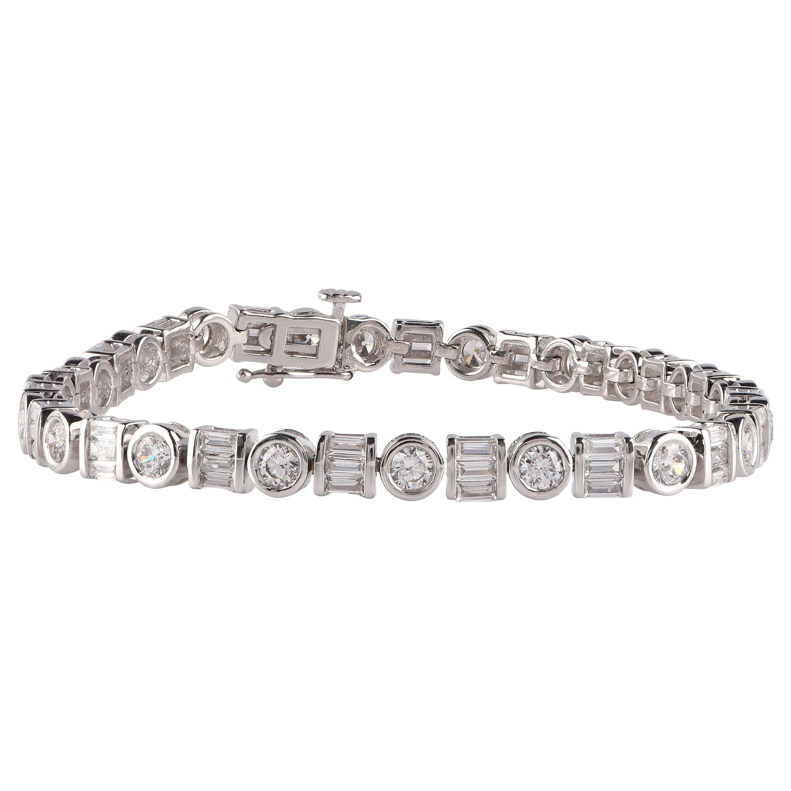 TJD 5.0 Carat Natural Round & Baguette Diamond 14 Karat White Gold Link Bracelet