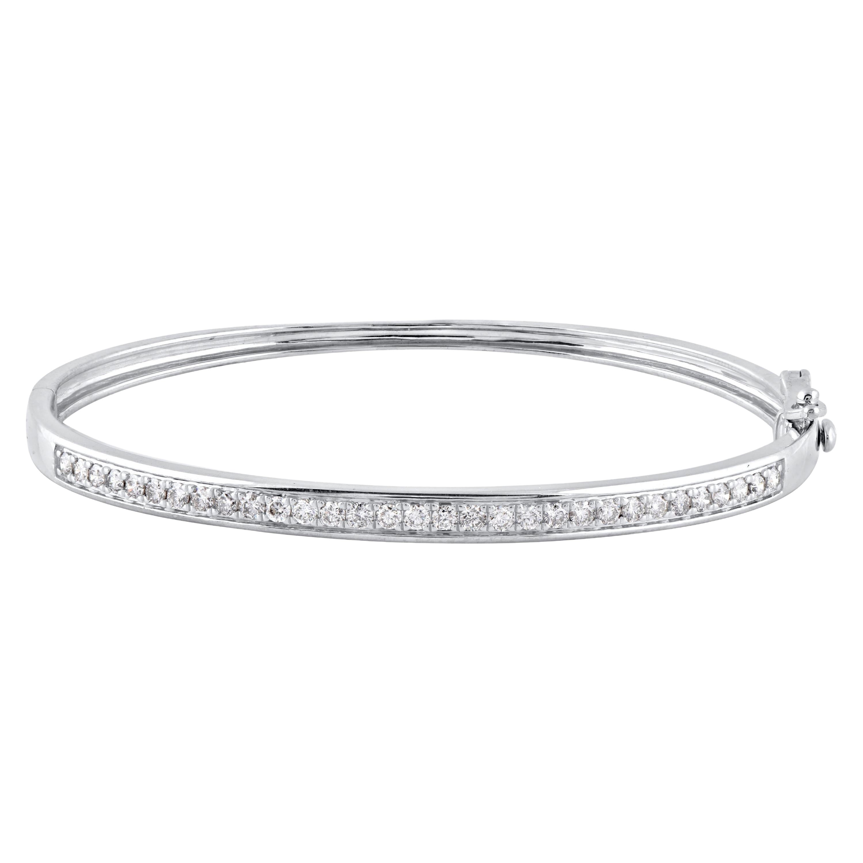 TJD 1.0 Carat Natural Brilliant cut Diamond 14 Karat White Gold Lined Bangle