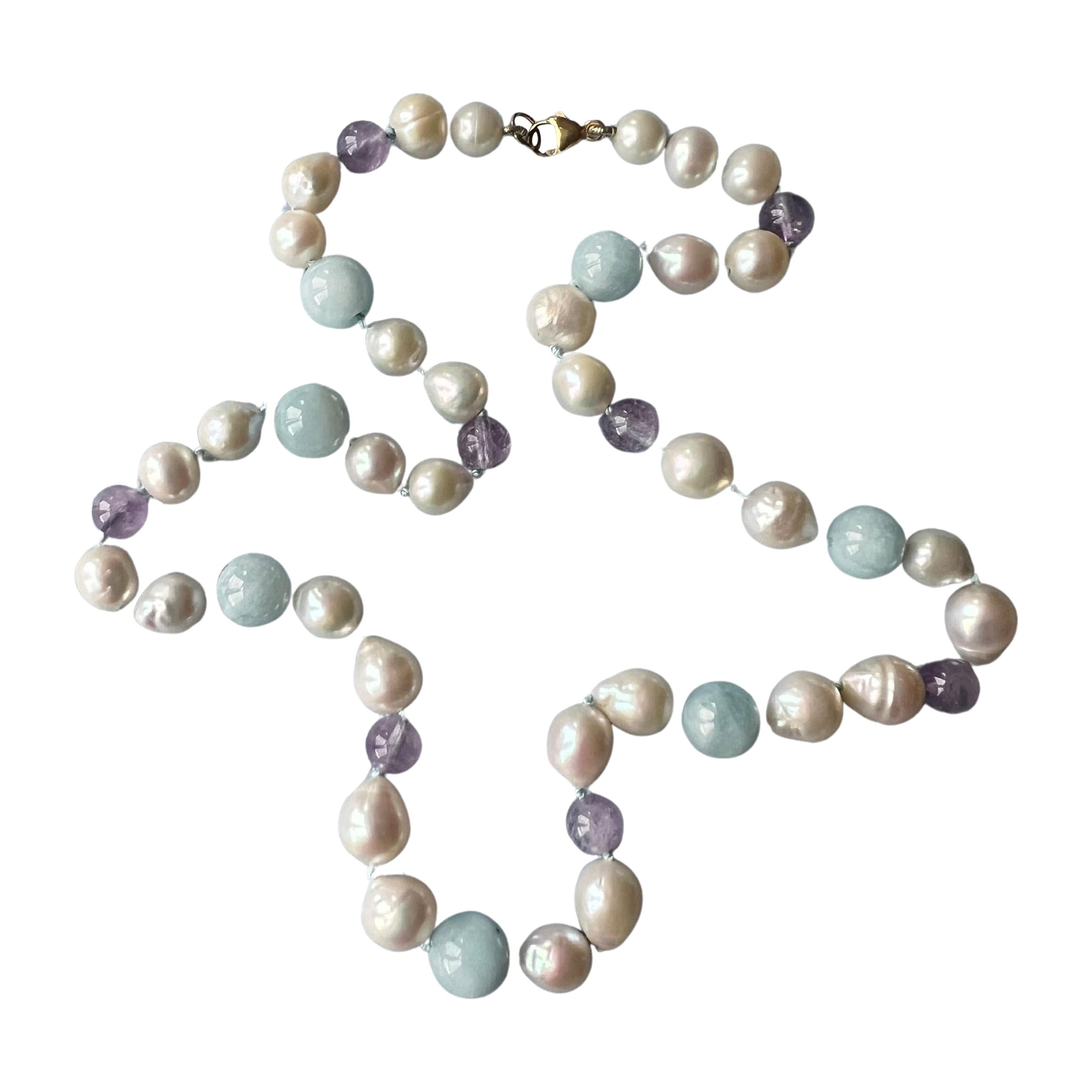 Aquamarine White Pearl Amethyst Necklace Choker