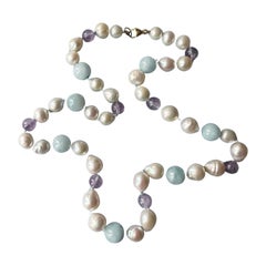 Aigue-marine Perle blanche Améthyste Collier ras du cou