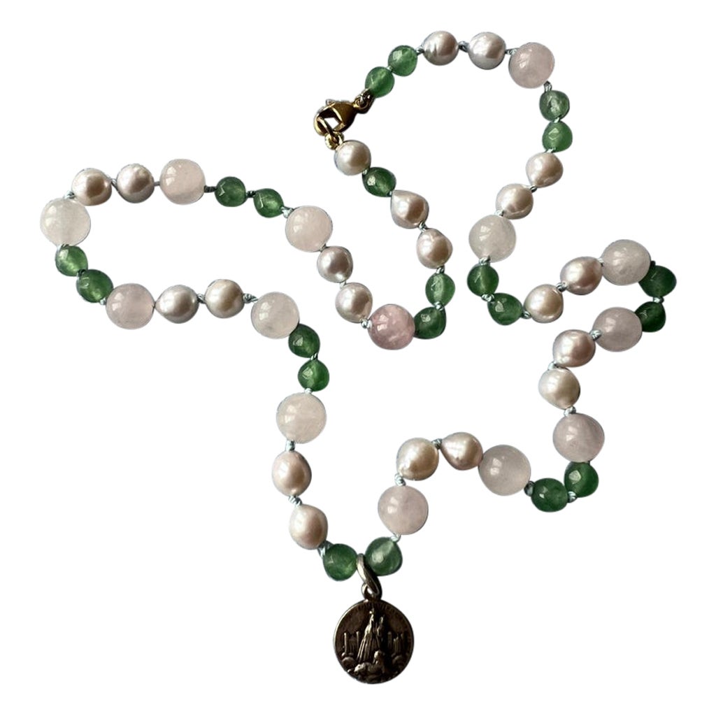 Pearl Necklace Rose Quartz Chrysoprase Vintage Medal J Dauphin