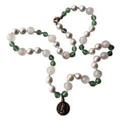 Pearl Necklace Rose Quartz Chrysoprase Vintage Medal J Dauphin
