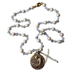 Medal Cross Pearl Bead Necklace Labradorite White Pearl Choker