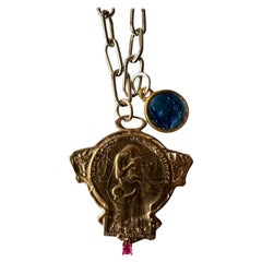 Ruby Medal Chain Necklace Blue Enamel Virgin Mary Vintage J Dauphin