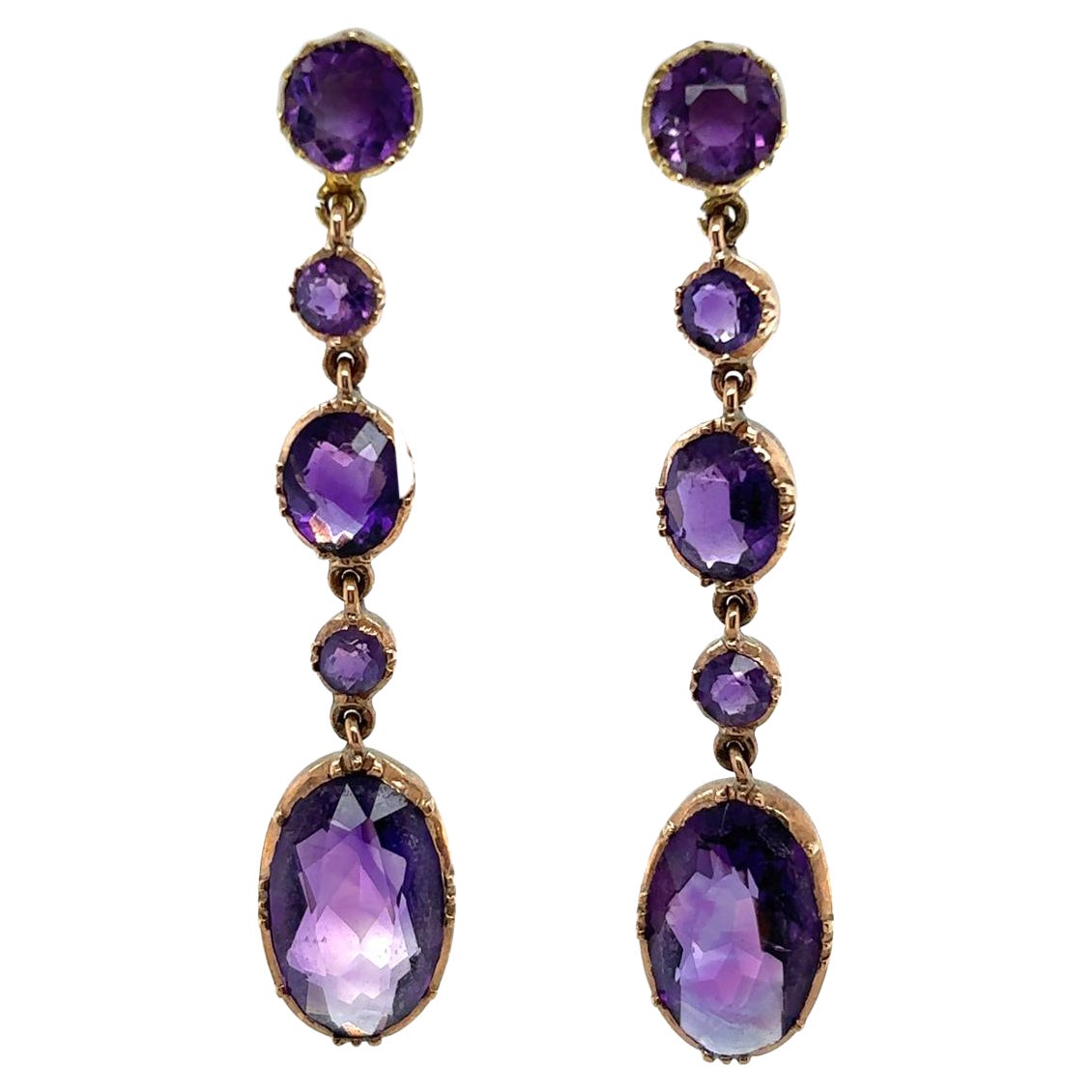 Victorian Amethyst Drop Earrings 15 Karat Yellow Gold For Sale