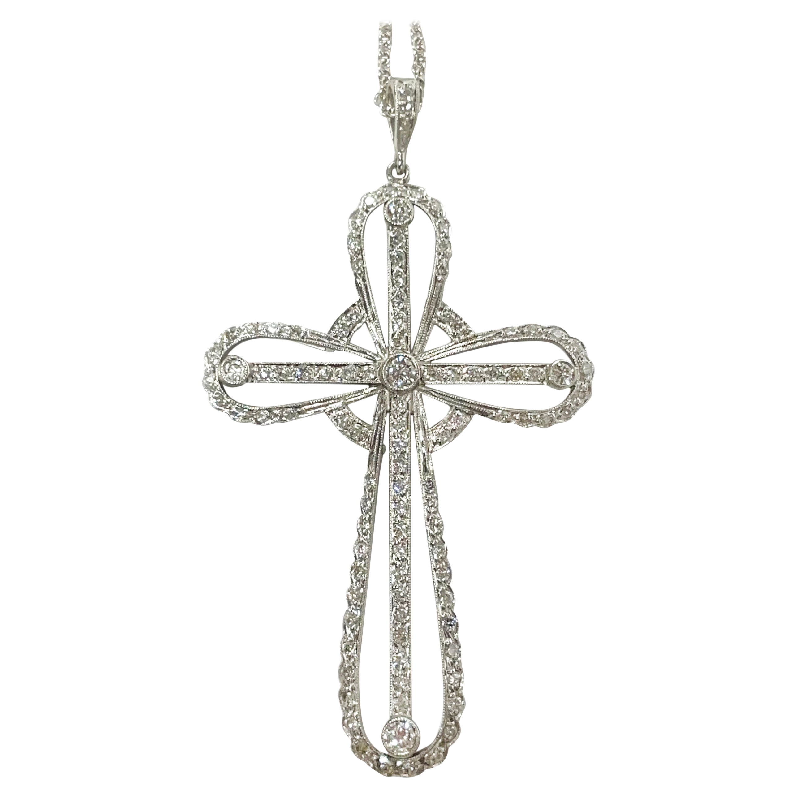 White Gold Diamond Double Cross Pendant Necklace