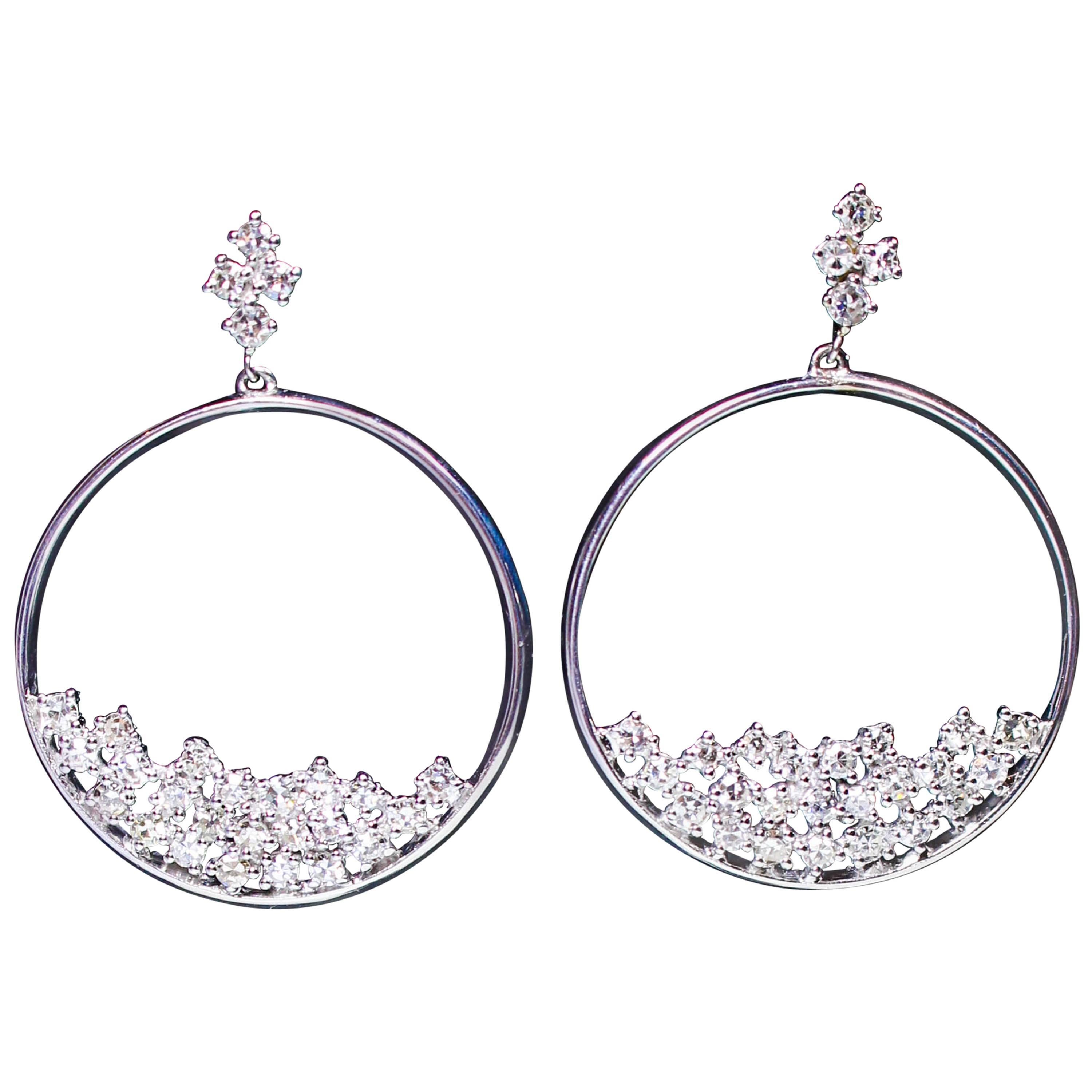 1.67 Carats Diamonds Cluster White Gold Dangle Hoop Earrings 