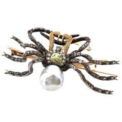 Antique diamond, emerald, ruby and baroque pearl spider brooch pin