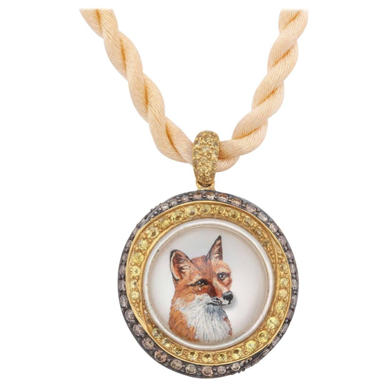 Reverse Painted Fox Crystal Pendant For Sale