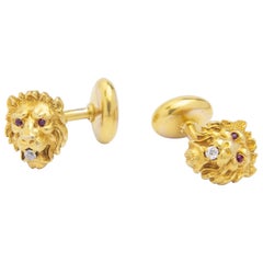 14 Karat Yellow Gold Lion Cufflinks With Rubies & Diamonds