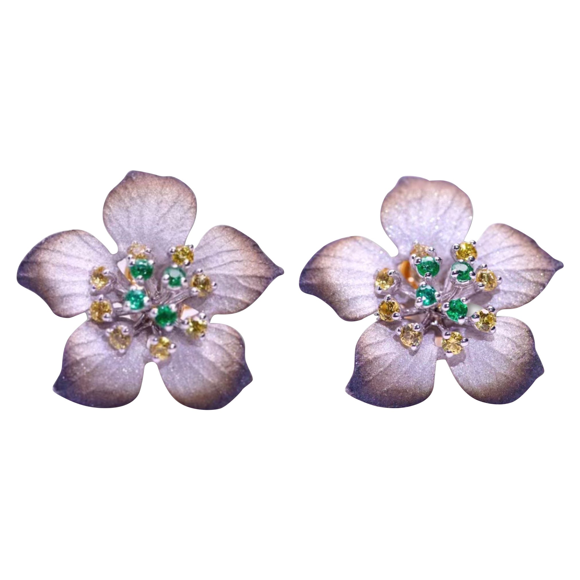 18K Gold Emerald & Yellow Sapphire Flower Earrings