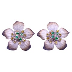 18K Gold Emerald & Yellow Sapphire Flower Earrings