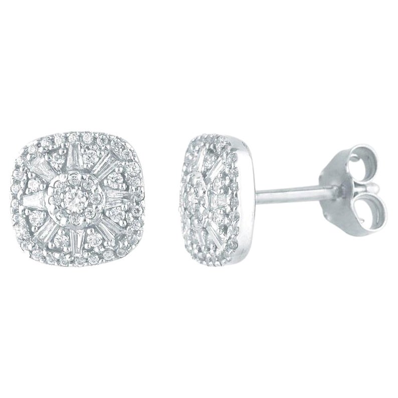 TJD 1/2 CT Round & Baguette Diamond 14K White Gold Cushion Shape Stud Earrings