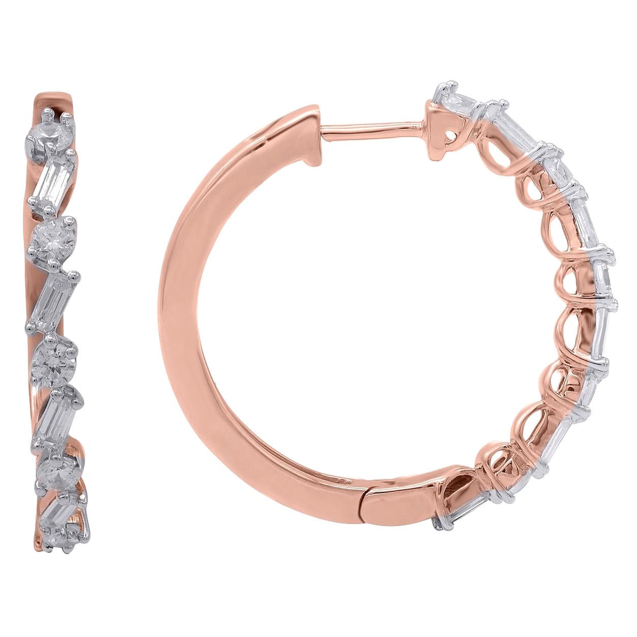 TJD 1.0 Carat Round & Baguette Diamond 14 Karat Rose Gold Fashion Hoop Earrings