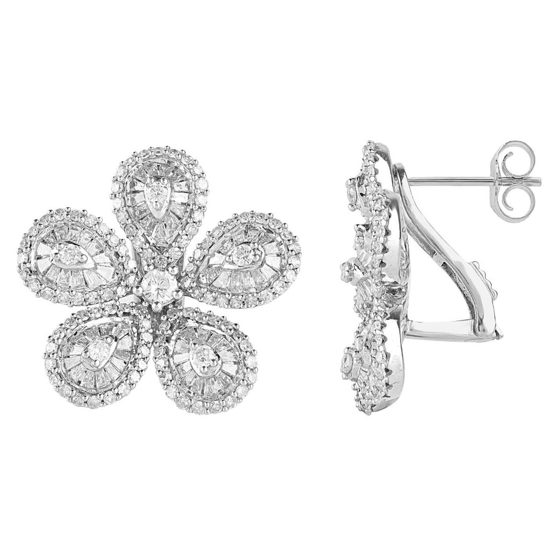TJD 2.0 Carat Round & Baguette Diamond 14 Karat White Gold Floral Stud Earrings