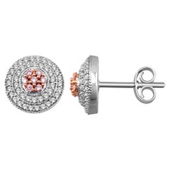 TJD 0.50 Ct Nat. Pink Rosé & White Diamond 18K White Gold Cluster Stud Earrings