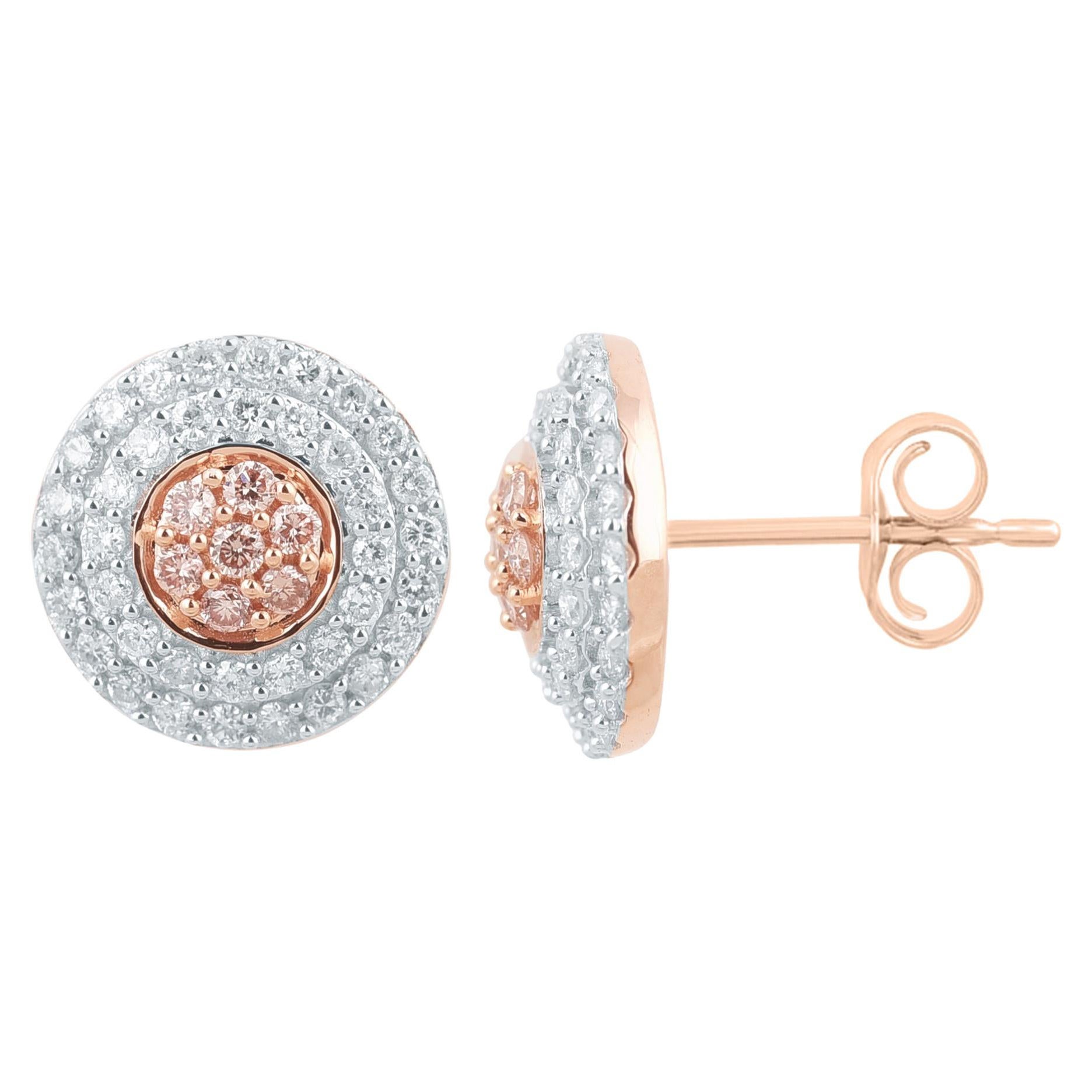 TJD 3/4Ct Nat. Pink Rosé & White Diamond 18K Rose Gold Halo Cluster Stud Earring