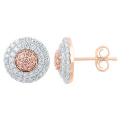 TJD 3/4Ct Nat. Pink Rosé & White Diamond 18K Rose Gold Halo Cluster Stud Earring