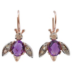 Amethysts, Diamonds, Rose Gold and Silver Fly Shape Earrings.