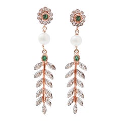 Emeralds, Diamonds, Pearls, Rose Gold and Silver Earrings.