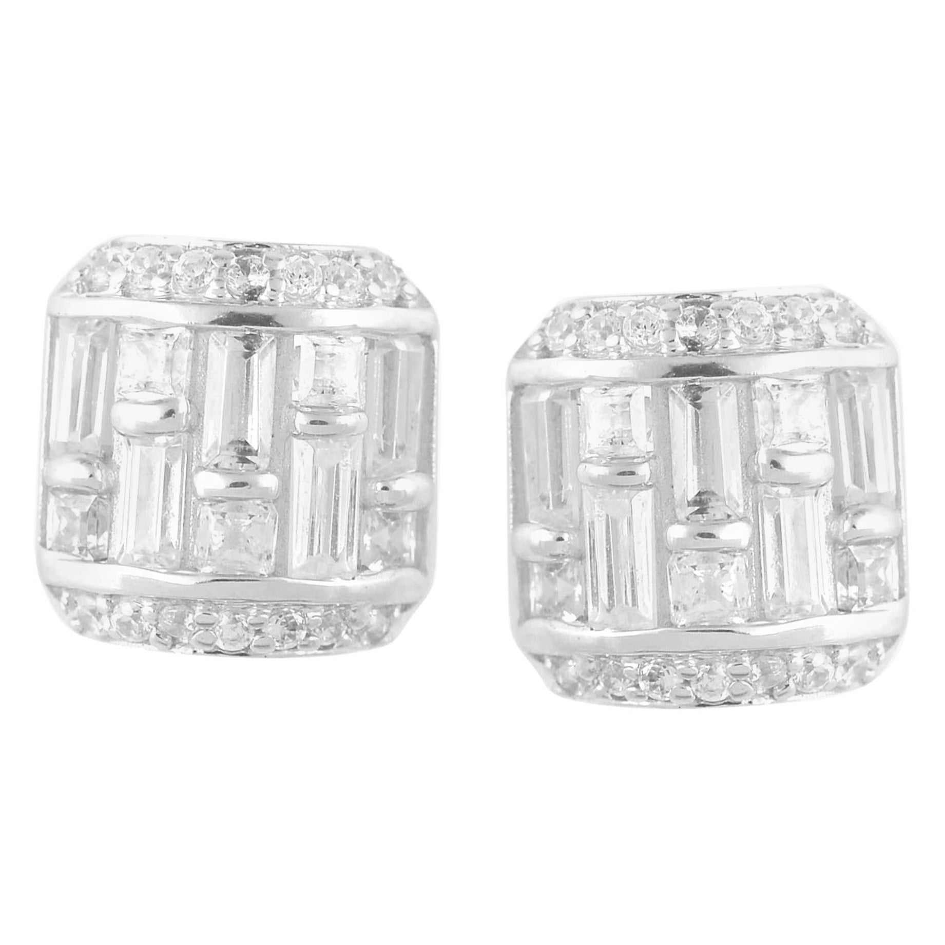 TJD 1/2Carat Round & Baguette Diamond 14K White Gold Cushion Shape Stud Earrings